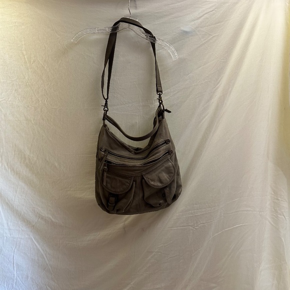 Tano Leather Crossbody Hobo Bag Taupe Gray | Slouchy Shoulder Purse - Picture 11 of 14